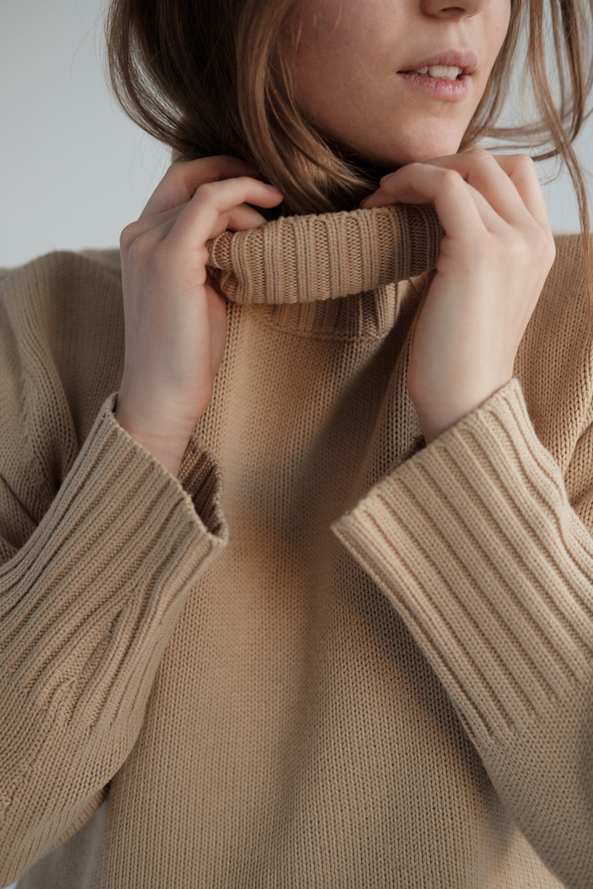 Young woman wearing soft sweater in studio